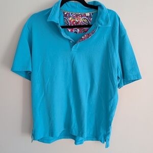 Robert Graham Cotton Teal Contrast Paisley Polo Short Sleeve Golf Shirt Large
